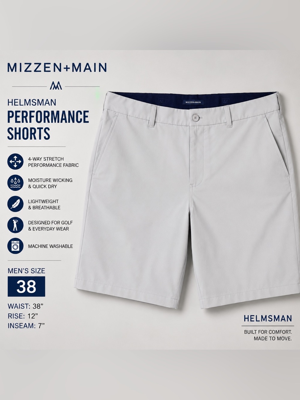 Mizzen+Main Helmsman Golf Shorts Light Gray Performance Stretch 38